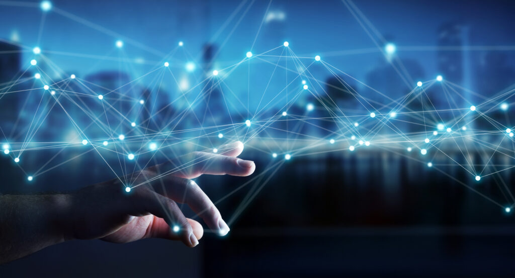 Businessman using flying network connection 3D rendering