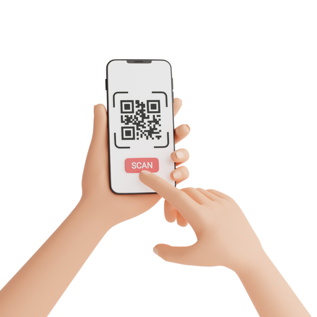 Qr code scan concept - human hand holding mobile phone with barcode scanning process 3d render illustration.