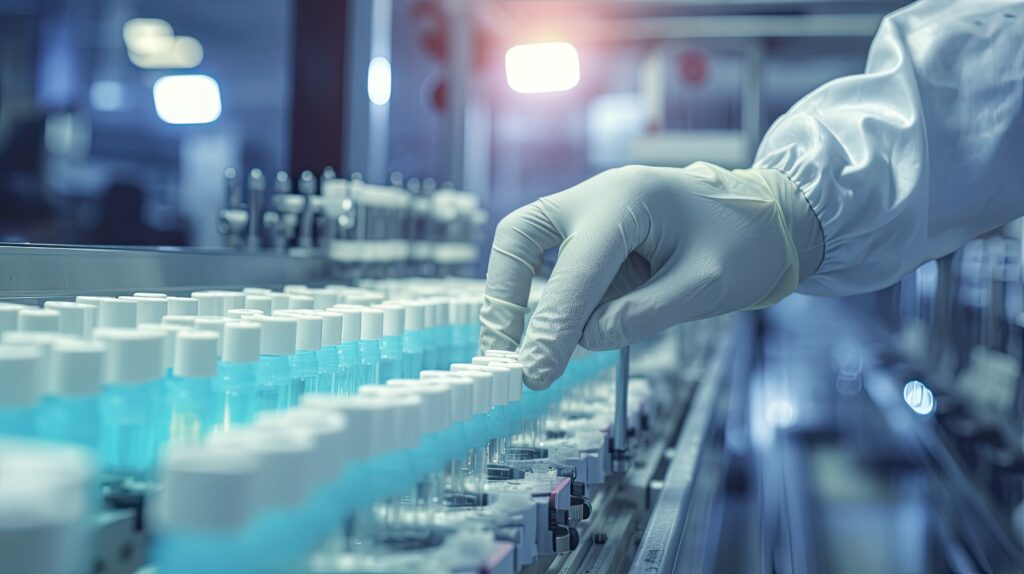 hand of worker in gloves checking products on production line G