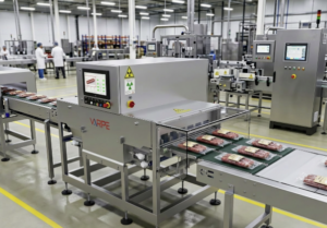 Sistema de control de peso para producción industrial integrado en una línea automatizada de fabricación verificando el peso de los productos en movimiento.
